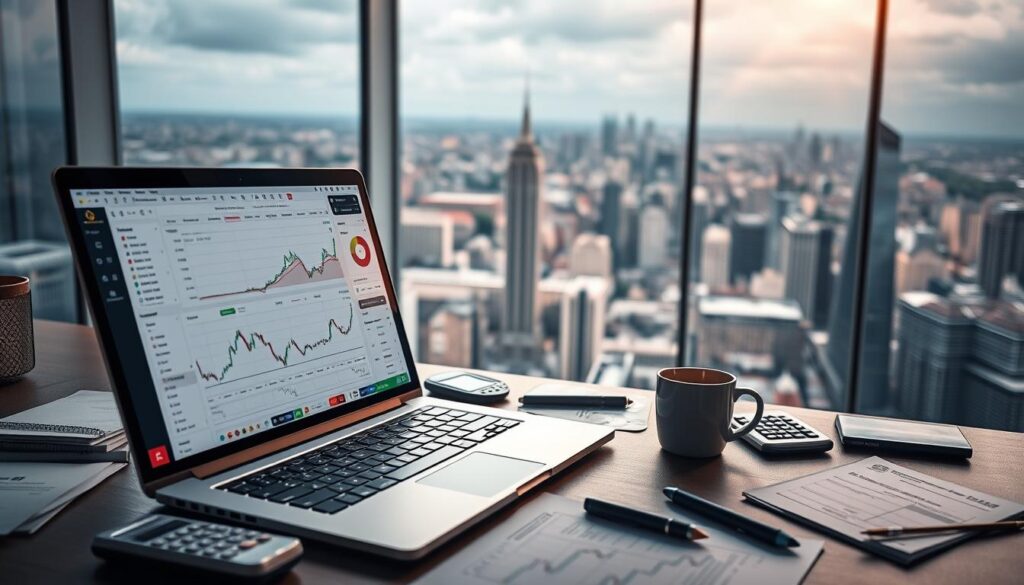A modern, sleek financial workspace showcasing a matched betting exchange strategy. In the foreground, a laptop displays an intuitive trading interface with charts, order books, and algorithmic indicators. Surrounding the laptop, various financial documents, calculators, and a cup of coffee create an atmosphere of focused analysis. In the middle ground, a large monitor presents a real-time visualization of market fluctuations, highlighting opportunities for risk-free arbitrage. The background features a panoramic cityscape, conveying a sense of the global financial landscape. Warm, directional lighting casts a professional, authoritative tone, while the overall composition emphasizes the precision and strategic thinking required for successful matched betting.