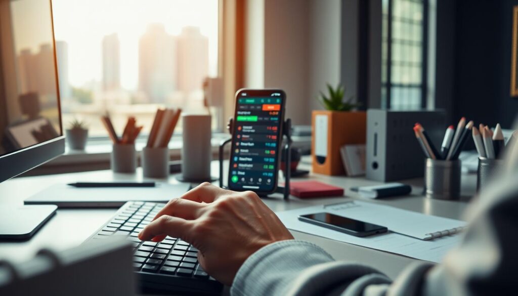 A modern, well-lit office setting with a desk, computer, and various office supplies. In the foreground, a person's hands are typing on a keyboard, focused on the process of making a qualifying bet. The middle ground features a smartphone or tablet displaying sports betting odds and statistics. The background showcases a window with a cityscape or corporate environment, conveying a professional, high-stakes atmosphere. The lighting is soft and warm, creating a sense of productivity and concentration. The overall scene evokes the systematic and analytical nature of the qualifying bet process within the context of matched betting.