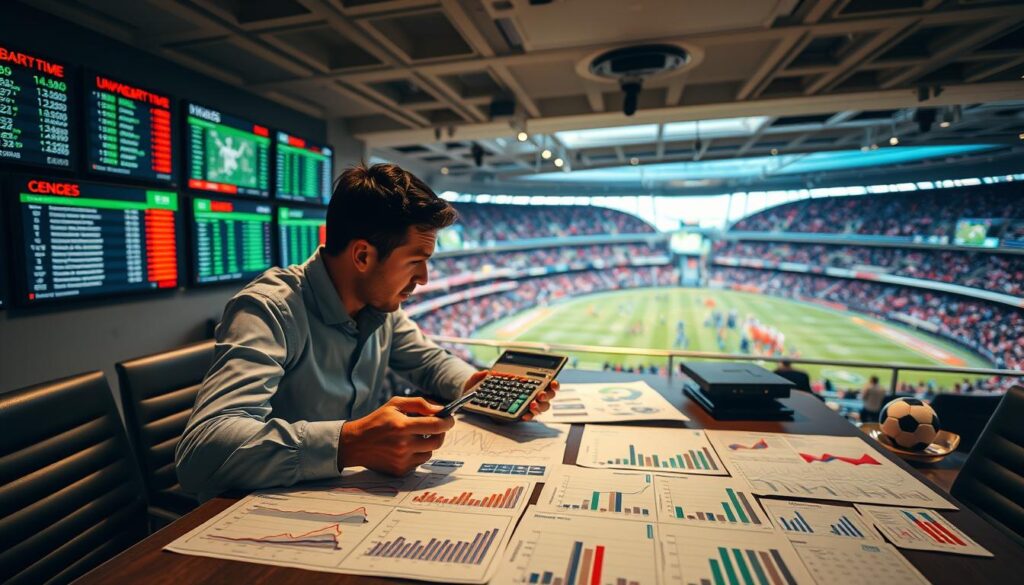 A neatly organized sports betting arena, with a central table showcasing various financial charts, graphs, and sports data. The foreground features a person intently studying the figures, a sports betting calculator in hand. The middle ground depicts multiple screens displaying live odds and betting lines, while the background reveals a panoramic view of a bustling sports stadium, capturing the excitement and energy of the event. The lighting is warm and inviting, creating a sense of focus and concentration. The overall composition conveys the strategic, analytical nature of arbitrage betting, blending the technicality of the data with the thrill of the sporting event.