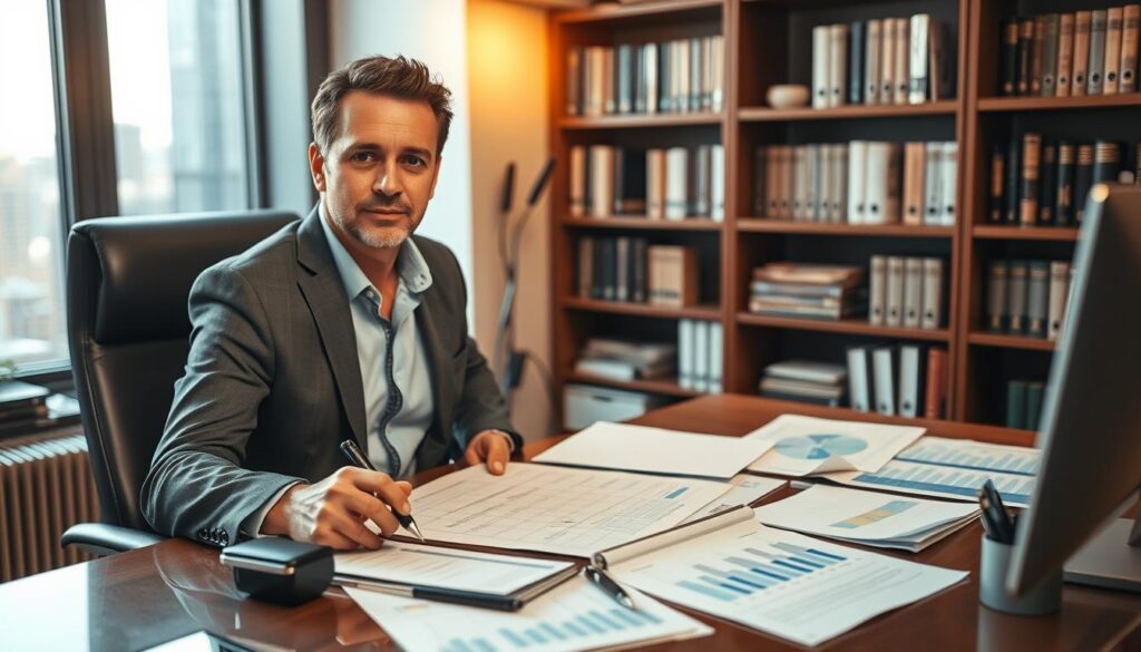 A professional financial advisor sits at a well-organized desk, surrounded by charts, graphs, and financial documents. The lighting is warm and inviting, creating a sense of expertise and trustworthiness. The advisor's expression is one of focused concentration, suggesting deep engagement with the client's needs. In the background, a bookshelf filled with financial literature and a window overlooking a cityscape convey a sense of authority and insight. The overall atmosphere is one of competence, reliability, and the assurance of expert guidance.