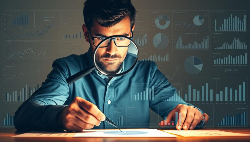 A professional financial risk manager examines investment strategies through a magnifying glass, surrounded by a grid of line graphs, pie charts, and bar charts depicting financial data and risk metrics. The scene is illuminated by a warm, focused light, casting long shadows and creating a sense of analytical focus. The background is a muted, neutral color palette, allowing the key visual elements to take center stage and convey the importance of data-driven decision making in effective financial risk management.