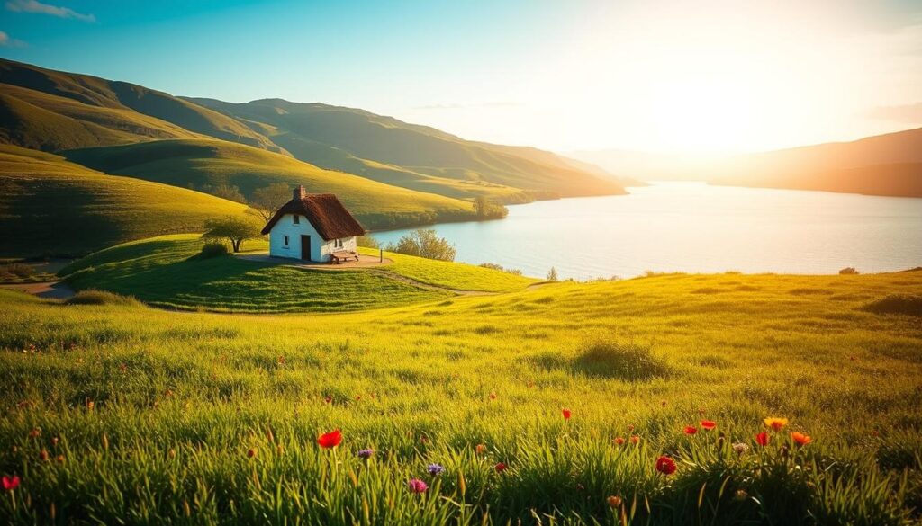 A serene, peaceful landscape bathed in warm, natural lighting. In the foreground, a lush, verdant meadow dotted with colorful wildflowers. In the middle ground, a small, picturesque cottage nestled among rolling hills, its thatched roof and whitewashed walls glowing softly. In the distant background, a tranquil lake reflects the azure sky, with gentle ripples on the surface. The overall atmosphere conveys a sense of stability, security, and the promise of a risk-free, profitable venture, like a matched betting strategy.