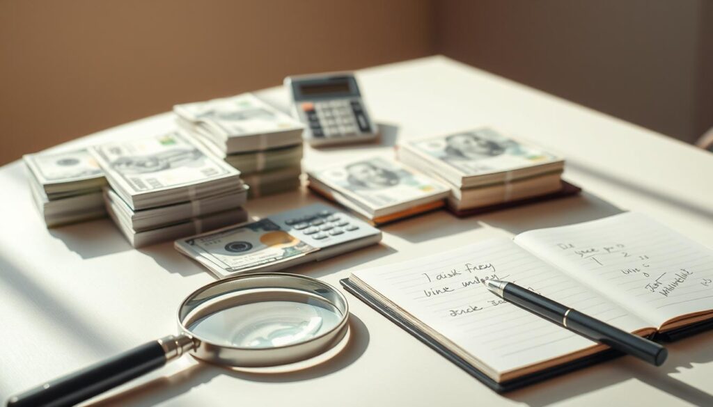 A serene, sun-dappled tabletop filled with stacks of crisp banknotes, meticulously organized and arranged in a visually striking display. The foreground features a magnifying glass, symbolizing the careful analysis and attention to detail required for effective bankroll management. In the middle ground, a calculator and a notebook with carefully scripted notes suggest the process of strategizing and tracking financial data. The background depicts a tranquil, minimalist workspace, with clean lines and a warm, muted color palette, conveying a sense of focus, clarity, and financial security. The overall scene exudes a tone of professional expertise, financial prudence, and the promise of risk-free profits through a well-executed bankroll strategy.