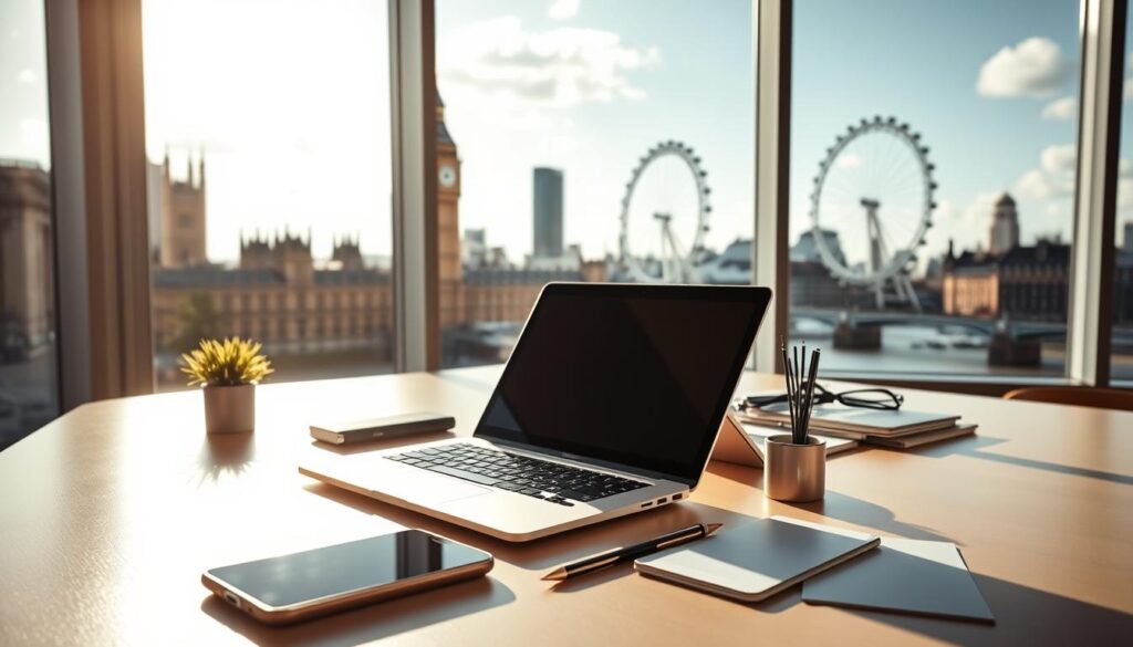 A sleek and modern office desk with a laptop, smartphone, and various financial analysis tools arranged neatly. The lighting is bright and natural, casting a warm glow over the scene. In the background, a cityscape of London's iconic landmarks like the Big Ben and the London Eye can be seen through large windows, hinting at the global nature of the arbitrage business. The overall atmosphere conveys professionalism, efficiency, and the cutting-edge technology needed to stay ahead in the competitive world of sports betting arbitrage.