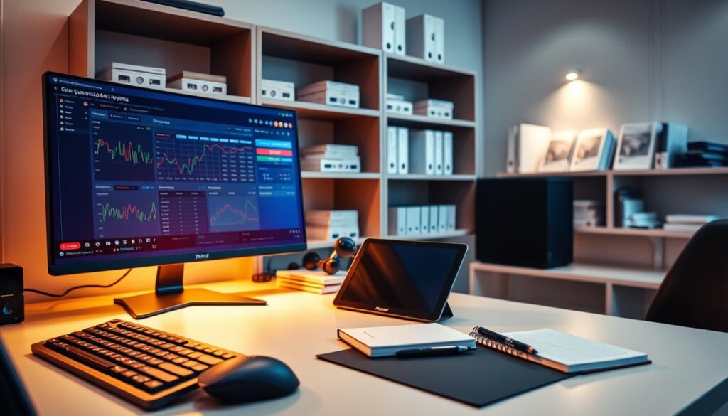 A sleek and modern workspace filled with an array of premium matched betting tools. In the foreground, a high-resolution monitor displays advanced data analytics and risk management software. Beside it, a professional-grade keyboard and mouse with ergonomic design for comfortable long-term use. In the middle ground, a well-organized desk hosts a tablet for quickly accessing betting platforms, along with a notebook and pen for recording key insights. The background features minimalist shelving displaying neatly arranged betting manuals and reference materials, bathed in warm, focused lighting that creates a productive, elevated atmosphere. The overall scene conveys a sense of efficiency, expertise, and the promise of guaranteed returns through the intelligent use of powerful matched betting tools.