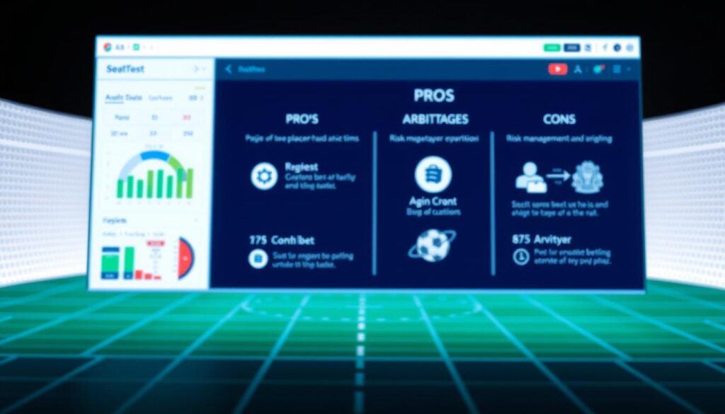 A sleek, minimalist software interface showcasing the pros and cons of arbitrage betting tools. In the foreground, a clean dashboard displays key metrics and data visualizations, conveying the efficiency and insights these programs can provide. In the middle ground, simple icons and infographics highlight the advantages - rapid bet placement, risk management, and market monitoring. In the background, a subtle grid pattern suggests the complex calculations and algorithms powering the software. The overall mood is one of professionalism, confidence, and technological sophistication, reflecting the benefits of leveraging specialized arbitrage tools for sports betting.