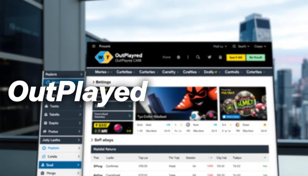 A sleek, modern betting website interface with a prominent "OutPlayed" logo prominently displayed. The layout features a clean, minimalist design with sharp edges and bold colors, conveying a sense of professionalism and trustworthiness. In the foreground, various betting options and market selections are neatly organized, inviting the user to explore the platform. The middle ground showcases eye-catching graphics and animations, emphasizing the dynamic nature of the platform. The background features a blurred cityscape, hinting at the global reach and scale of the betting operation. The overall atmosphere exudes a sense of control, security, and the promise of reliable returns, aligned with the subject of the article.