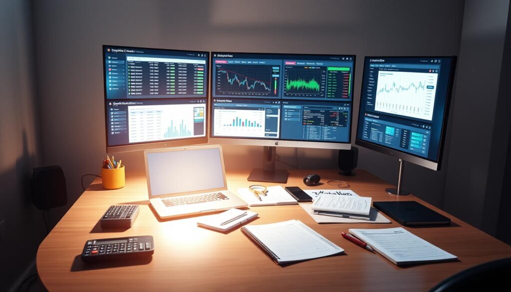 A sleek, modern home office setup with a desk, laptop, and array of high-tech tools for analyzing sports betting markets. Bright, indirect lighting illuminates the workspace, creating a focused, professional atmosphere. On the desk, there are digital screens displaying live odds, analytics dashboards, and betting algorithms. Alongside these, physical tools like a calculator, spreadsheets, and a notebook convey a sense of analytical rigor. The overall scene should evoke a sense of precision, efficiency, and the ability to capitalize on arbitrage opportunities in the world of sports betting.