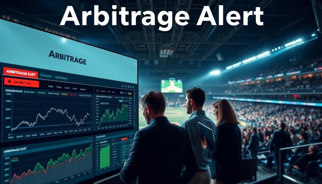 A sleek, modern interface with a bold "Arbitrage Alert" title prominently displayed. The foreground features a series of dynamic charts and graphs, showcasing real-time sports betting odds and potential arbitrage opportunities. In the middle ground, a group of focused individuals analyze the data, making swift decisions. The background depicts a bustling sports arena, capturing the energy and excitement of the live event. Dramatic lighting casts shadows, creating a sense of urgency and anticipation. The overall atmosphere conveys a powerful, data-driven tool that empowers sports bettors to stay ahead of the competition.