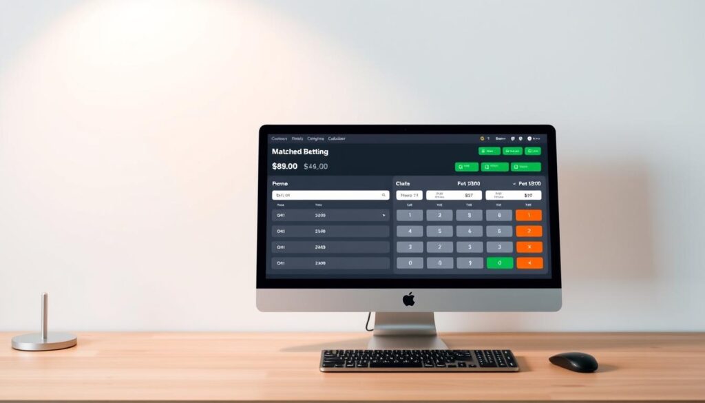 A sleek, modern matched betting calculator displayed on a clean, minimalist desktop workspace. The calculator interface has a clear, intuitive layout with prominent input fields and output displays. The desk surface is made of light-colored wood, creating a warm, natural ambiance. Soft, diffused lighting from above casts a gentle glow, highlighting the elegant design of the calculator. The overall scene conveys a sense of efficiency, professionalism, and calm focus, reflecting the purpose of the matched betting calculator.