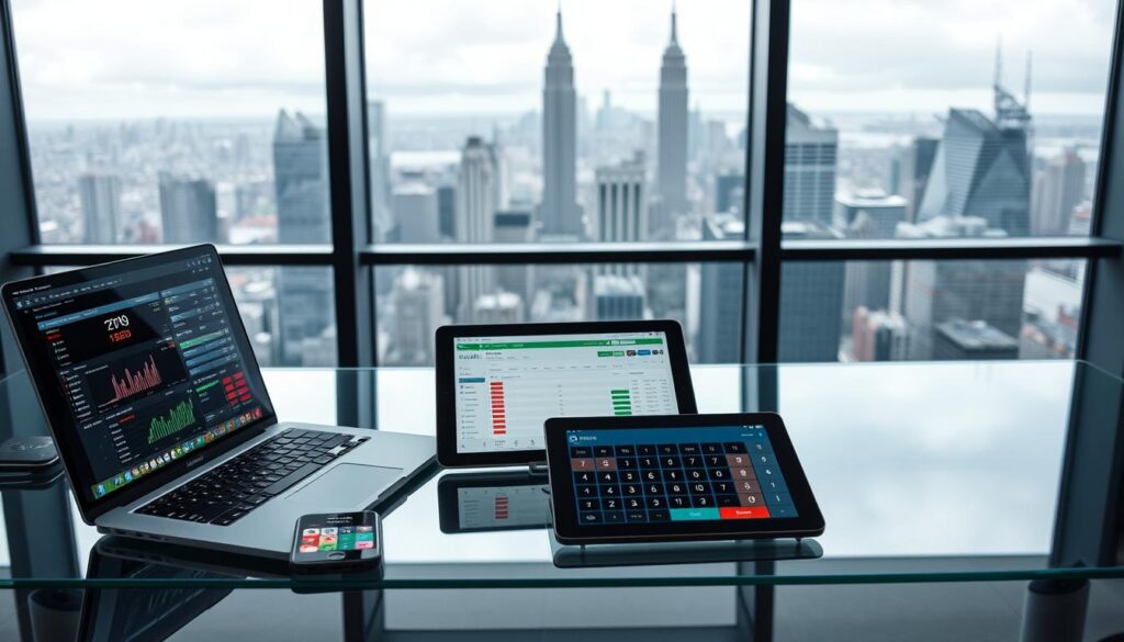 A sleek, modern office setup with high-tech arbitrage betting tools laid out on a minimalist, glass desk. In the foreground, a laptop displays real-time betting odds and analytics dashboards. Next to it, a smartphone shows live sports feeds and betting platforms. In the middle ground, a tablet displays a comprehensive arbitrage calculator, its screen illuminated by the soft glow of task lighting. In the background, floor-to-ceiling windows offer a panoramic city skyline view, bathed in the cool tones of overcast, natural lighting. The overall scene conveys an atmosphere of precision, efficiency, and professional prowess in the world of arbitrage betting.