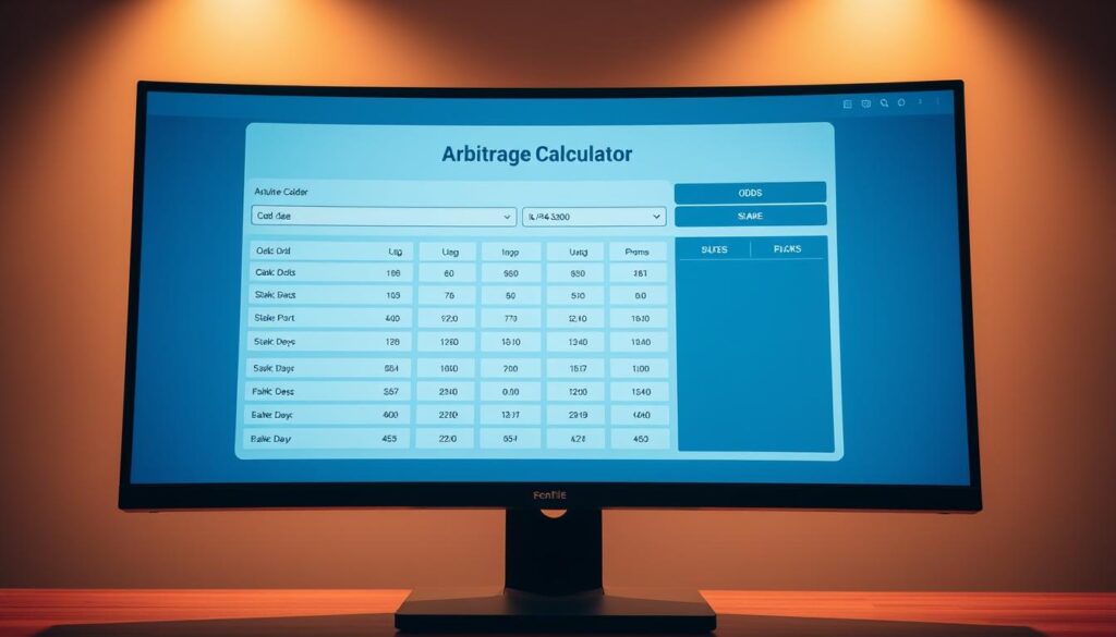 A slick, modern interface for an arbitrage calculator displayed on a high-resolution computer monitor. The calculator's intuitive layout features input fields for odds, stake, and potential profit calculations. The design is minimalist yet visually striking, with bold typography, clean lines, and a color scheme of blues and grays that convey a sense of precision and professionalism. The screen is bathed in warm, diffused lighting, creating a calm, focused atmosphere. The camera angle is slightly elevated, giving an unobstructed view of the entire interface. The background is blurred, keeping the attention firmly on the calculator's features and functionality.