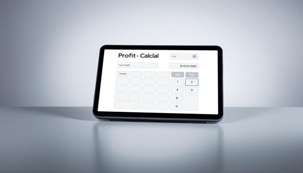 A sophisticated and modern profit calculator displayed on a sleek, high-resolution digital device. The calculator interface is minimalist and intuitive, with clean lines, neutral colors, and clear labels for input fields and output results. Soft, directional lighting illuminates the device, creating subtle shadows that add depth and dimension. The background is a seamless, slightly blurred gradient that puts the focus on the calculator, conveying a sense of professionalism and precision. The overall aesthetic is polished, elegant, and designed to inspire confidence in the user's ability to accurately track and analyze their financial data.