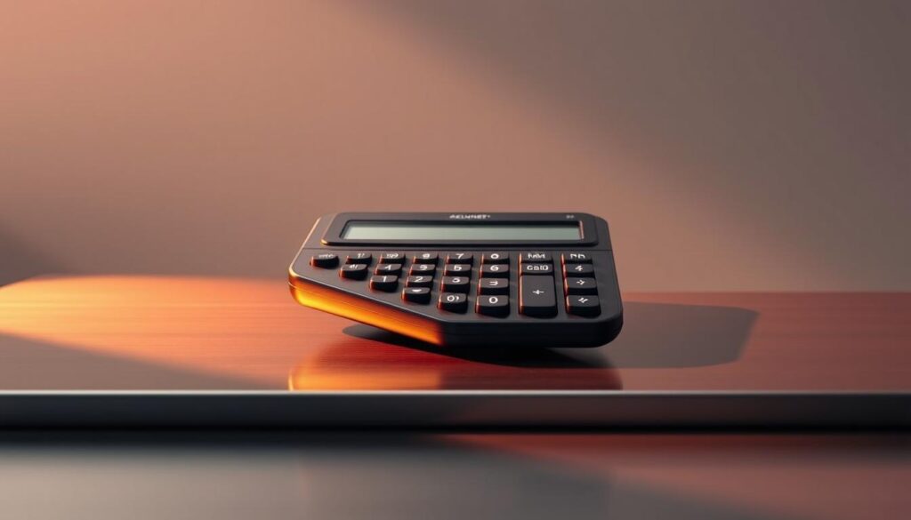 A sophisticated calculator display dominates the frame, showcasing a sleek, modern design with a large screen and an array of advanced functions. The device rests on a polished metal surface, bathed in warm, directional lighting that casts subtle shadows, creating depth and highlighting the precision of the instrument. The background is a minimalist, monochromatic space, allowing the calculator to take center stage and command attention. The overall mood is one of efficiency, precision, and technological sophistication, perfectly capturing the "Advanced Techniques with Matched Betting Calculators" theme.