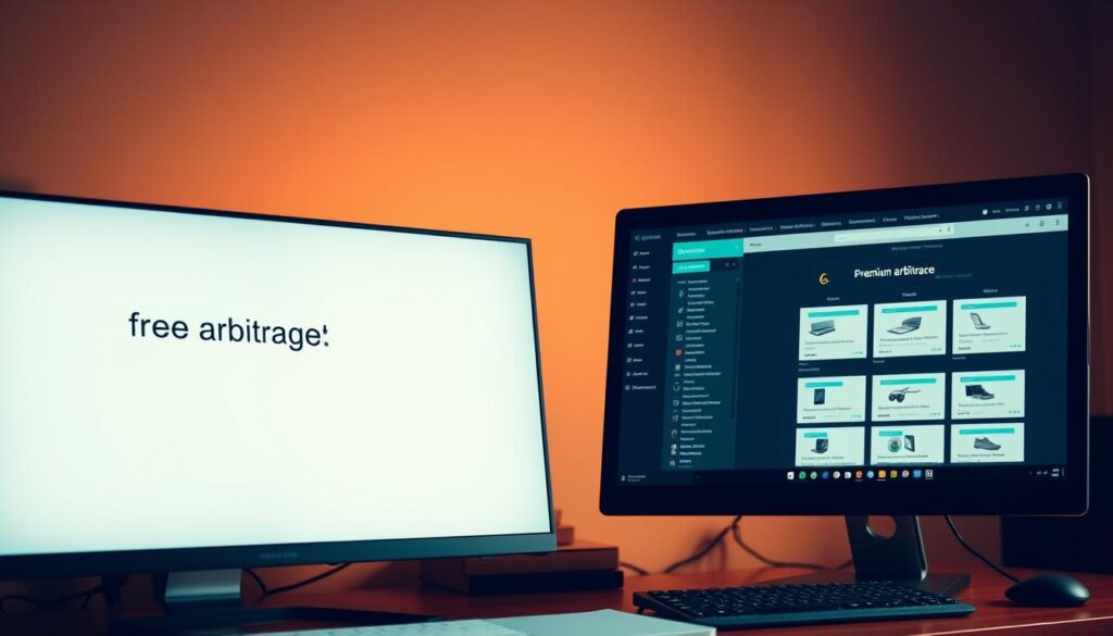 A sophisticated desktop setup with two adjacent computer screens. On the left screen, a simple, minimalist interface showcases free arbitrage tools, while the right screen displays a sleek, premium arbitrage software suite. The lighting is soft and warm, creating a professional, business-like atmosphere. The setup is photographed from an angle, capturing the depth and balance of the two contrasting digital environments. The image conveys the power of advanced, paid arbitrage tools compared to their free counterparts, highlighting the differences in functionality and user experience.