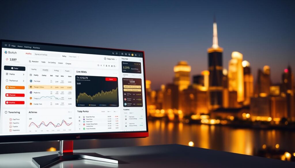 A stylish, budget-friendly computer monitor displaying a sports betting arbitrage dashboard. In the foreground, an intuitive interface with live market data, trend lines, and customizable arb alerts. The middle ground features a sleek, minimalist design with clean lines and a neutral color palette. In the background, a softly blurred city skyline bathed in warm, golden evening light, reflecting the sense of opportunity and financial empowerment. The overall mood is one of efficiency, simplicity, and the promise of profitable arbitrage trades.