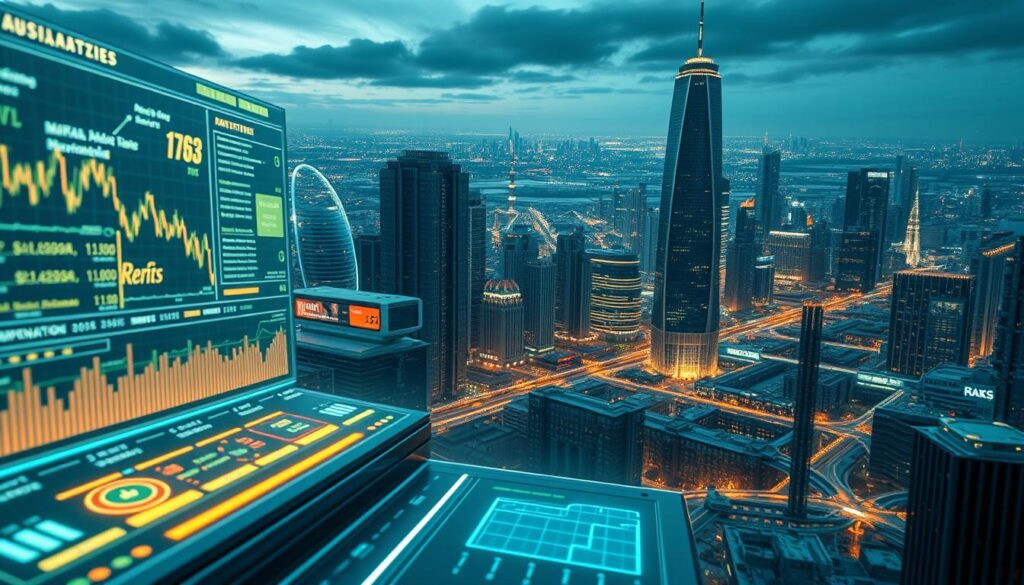 A surreal, photorealistic image of an automated profit guarantee system. In the foreground, a glowing interface displays real-time financial data and projections, with sleek, futuristic controls. The middle ground features a complex network of algorithms and data streams, pulsing with energy. In the background, a vast, technologically-advanced cityscape stretches out, with towering skyscrapers and gleaming infrastructure. The lighting is crisp and dynamic, casting dramatic shadows and highlights. The overall atmosphere conveys a sense of precision, power, and the seamless integration of technology with finance.