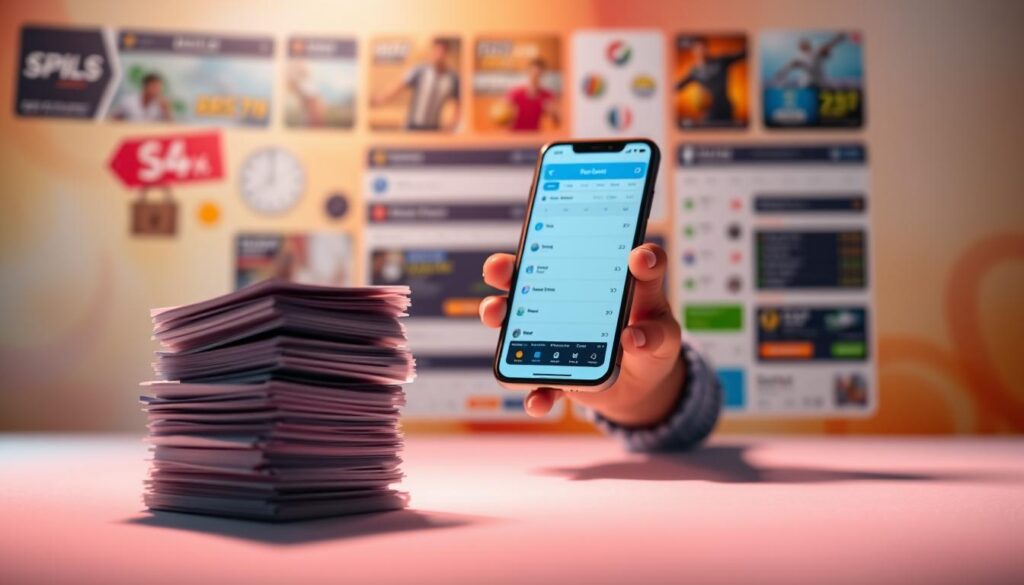 A vibrant and visually engaging image of "Risk-free promotions mechanics" to illustrate the section "How Risk-Free Offers Work" in an article on "Capitalizing on Risk-Free Offers in Matched Betting": A crisp, high-resolution photograph captured with a wide-angle lens showcases a dynamic, minimalist scene. In the foreground, a stack of betting slips and a smartphone displaying an online betting interface float weightlessly, illuminated by soft, diffused lighting from an unseen source. In the middle ground, a pair of hands confidently filling out a betting slip against a backdrop of various betting platforms and promotional offers. The background fades into a blurred, abstract gradient of warm and cool tones, evoking a sense of financial security and opportunity. The overall composition and lighting create a visually striking, technically proficient image that captures the essence of "risk-free promotions mechanics" in the context of the article's subject matter.