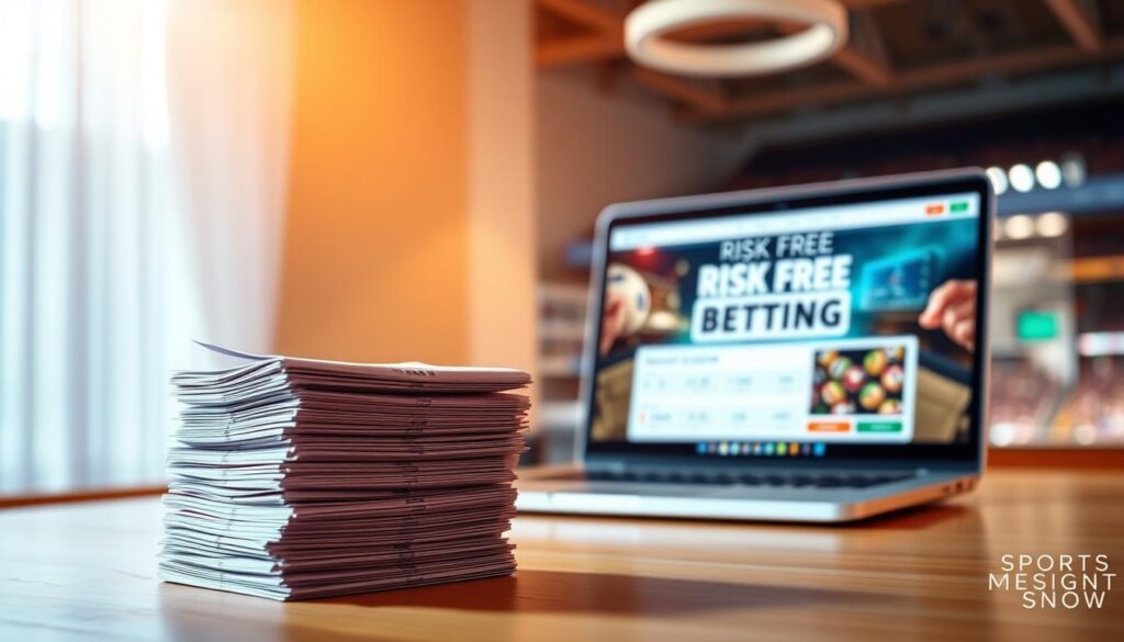 A vibrant sports betting interface with a minimalist design and a clean, inviting layout. The foreground features a stack of betting slips, illuminated by warm, soft lighting that creates a cozy atmosphere. In the middle ground, a sleek, modern laptop displays a risk-free betting offer, its screen projecting a subtle glow. The background showcases a blurred, out-of-focus sports arena, hinting at the exciting world of risk-free sports betting opportunities. The overall composition conveys a sense of security, opportunity, and the empowering potential of risk-free betting advantages.