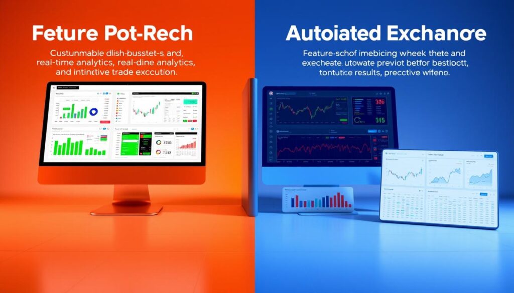 A vibrant, well-lit side-by-side comparison of feature-rich automated trading software for betting exchanges. In the foreground, sleek user interfaces showcasing customizable dashboards, real-time data analytics, and intuitive trade execution. In the middle ground, detailed performance charts and backtesting results, highlighting the software's predictive capabilities. In the background, a clean and minimalist environment, with subtle grid lines and geometric shapes to convey a sense of precision and efficiency. The overall mood is one of professionalism, technological sophistication, and data-driven decision making, designed to assist traders in selecting the optimal solution for their betting exchange automation needs.