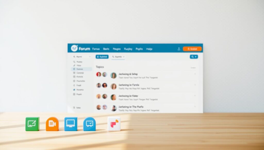 A well-designed forum navigation interface featuring a clean, intuitive layout. In the foreground, a series of simple, color-coded icons guide users through the different sections, while the middle ground showcases a neatly organized list of discussion topics. The background features a subtle, textured wallpaper that complements the overall aesthetic. Bright, natural lighting illuminates the scene, creating a sense of clarity and ease of use. The entire composition conveys a welcoming, user-friendly atmosphere, making it easy for newcomers to navigate the community.