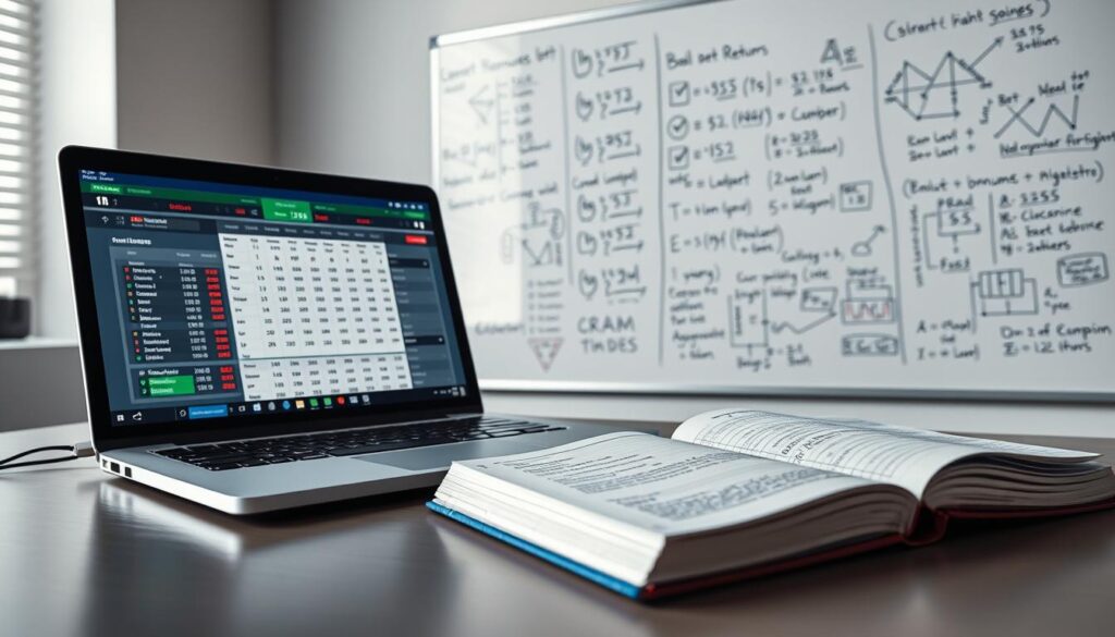 A well-lit, high-contrast image showcasing advanced matched betting techniques. In the foreground, a laptop display showing complex betting calculations and odds analysis. On the desk, a notebook with meticulous records of bets, bonuses, and profit margins. In the background, a wall-mounted whiteboard covered in formulas and strategic diagrams, conveying the methodical approach to maximizing returns. Soft, directional lighting creates depth and highlights the technical details, while a muted color palette of greys, blues, and greens establishes a focused, analytical atmosphere. The composition emphasizes the precision and expertise required to excel at this specialized financial strategy.