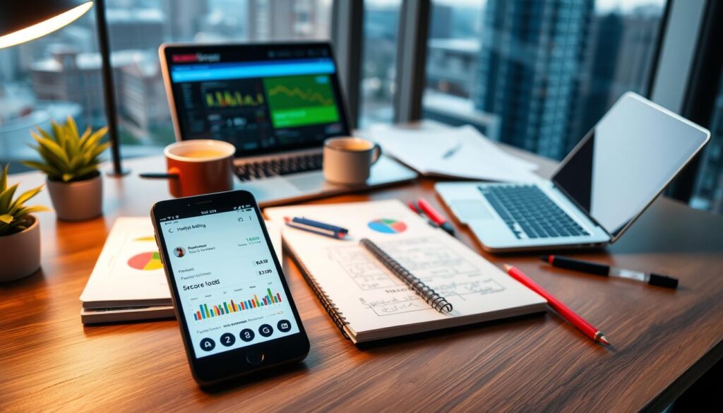 A well-lit, modern home office setting with a desk, laptop, and various matched betting tools neatly arranged. In the foreground, a smartphone displaying a matched betting dashboard, surrounded by colorful graphs, charts, and betting odds calculators. In the middle ground, a cup of coffee and a notebook with scribbled betting strategies. The background features a large window overlooking a cityscape, providing a sense of professionalism and productivity. The overall mood is one of focus, organization, and the promise of reliable financial returns through the effective use of matched betting software.