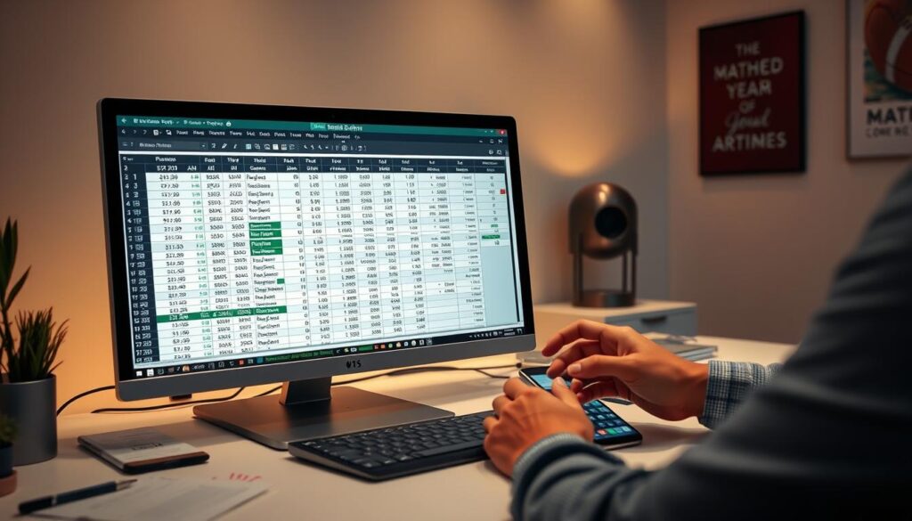 A well-lit office interior, a desktop computer screen displays a meticulously organized spreadsheet tracking sports betting odds and payouts. In the foreground, a focused individual's hands deftly navigate the spreadsheet, calculating potential returns. The middle ground features an array of notes, betting slips, and a mobile device displaying real-time odds. The background showcases a clean, minimalist workspace with subtle motivational wall art, emphasizing the disciplined, systematic approach to maximizing matched betting profits. Soft, warm lighting casts a professional, diligent atmosphere, conveying the importance of organization and discipline in achieving long-term success in this specialized financial endeavor.