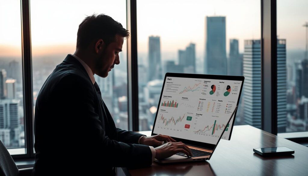 A well-lit office interior with a businessman in a suit examining a risk management chart on a laptop screen. The chart displays graphs, metrics, and data visualizations related to assessing and mitigating risks in arbitrage betting strategies. In the background, a large window overlooking a bustling city skyline. Warm, subdued lighting casts dramatic shadows, creating a contemplative atmosphere. The scene conveys the importance of diligent risk analysis and strategic decision-making in the high-stakes world of arbitrage betting.