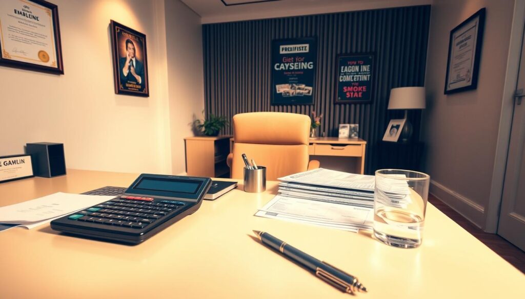 A well-lit office interior, with a large desk and a cozy armchair. On the desk, various tools are neatly arranged: a calculator, a stack of financial reports, a pen holder, and a glass of water. The walls are adorned with framed certificates and motivational posters, exuding a sense of professionalism and responsibility. Warm, soft lighting illuminates the space, creating a calming and focused atmosphere. The overall scene conveys the idea of responsible gambling practices, where informed decisions are made with the aid of analytical tools and a thoughtful approach.