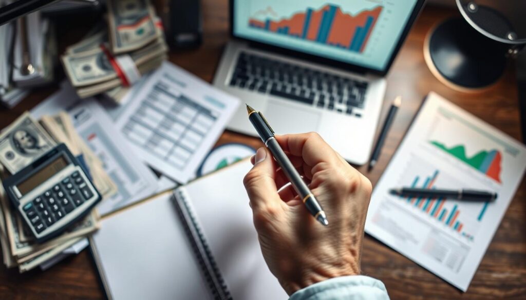 A well-lit overhead view of a desk with stacks of cash, financial reports, and a calculator, symbolizing the disciplined approach to bankroll management. In the foreground, a hand holding a pen hovers over a notebook, conveying the importance of meticulous planning and record-keeping. The mid-ground features a laptop displaying a graph or chart, suggesting the analytical aspect of effective risk management. The background is slightly blurred, creating a sense of focus on the essential tools and techniques of sports betting risk management.