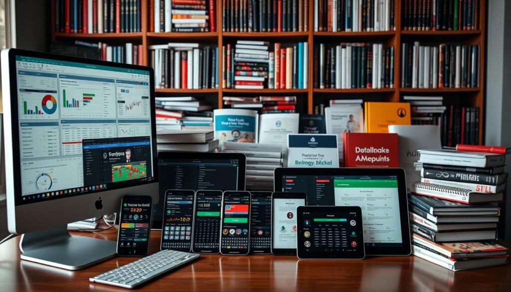 A well-lit, richly detailed image of a collection of high-quality matched betting tools and resources. In the foreground, a sleek desktop computer with multiple windows open, displaying a range of analytical dashboards and reporting interfaces. In the middle ground, an array of mobile devices and tablets, each showcasing specialized betting apps and software. In the background, a bookshelf filled with printed guides, manuals, and strategy materials, creating a sense of depth and authority. The overall scene conveys a professional, tech-savvy atmosphere, ideal for a premium matched betting community.