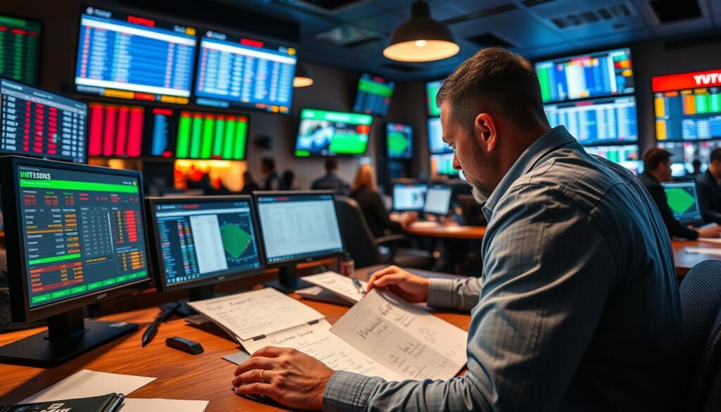 A well-lit sports betting office, with a desk showcasing multiple screens displaying live sports odds and betting slips. In the foreground, a sports bettor carefully analyzes the odds, seeking out profitable arbitrage opportunities. The middle ground features a whiteboard with detailed calculations, demonstrating the process of identifying and capitalizing on discrepancies between bookmakers' odds. The background depicts the bustling atmosphere of the betting establishment, with other patrons engaged in their own wagering activities. The scene conveys a sense of focus, precision, and the excitement of finding real-world arbitrage advantages in the sports betting market.