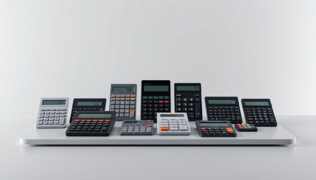 A well-lit studio scene showcasing an array of matched betting calculators, arranged neatly on a sleek, minimalist desk. The calculators, in various shapes and sizes, are depicted with a crisp, high-resolution rendering, capturing their intricate details and digital displays. The background is a neutral, soft-focus gradient, allowing the calculators to take center stage. Subtle shadows and highlights accentuate the three-dimensional forms, creating a sense of depth and tangibility. The overall composition is balanced and visually appealing, highlighting the diversity and functionality of these essential tools for accurate matched betting profits.