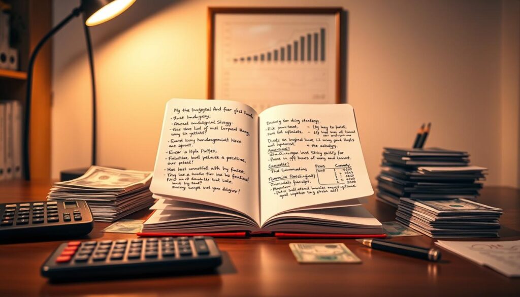 A well-organized office desk with stacks of banknotes, a calculator, and a pen. The lighting is warm and inviting, creating a sense of financial security and control. In the middle ground, a large open notebook displays handwritten notes on budgeting strategies, risk management, and portfolio diversification. The background features a minimalist wall with a framed financial chart, suggesting the importance of data-driven decision-making in effective bankroll management. The overall atmosphere conveys a balanced, professional approach to maximizing the potential of one's financial resources.