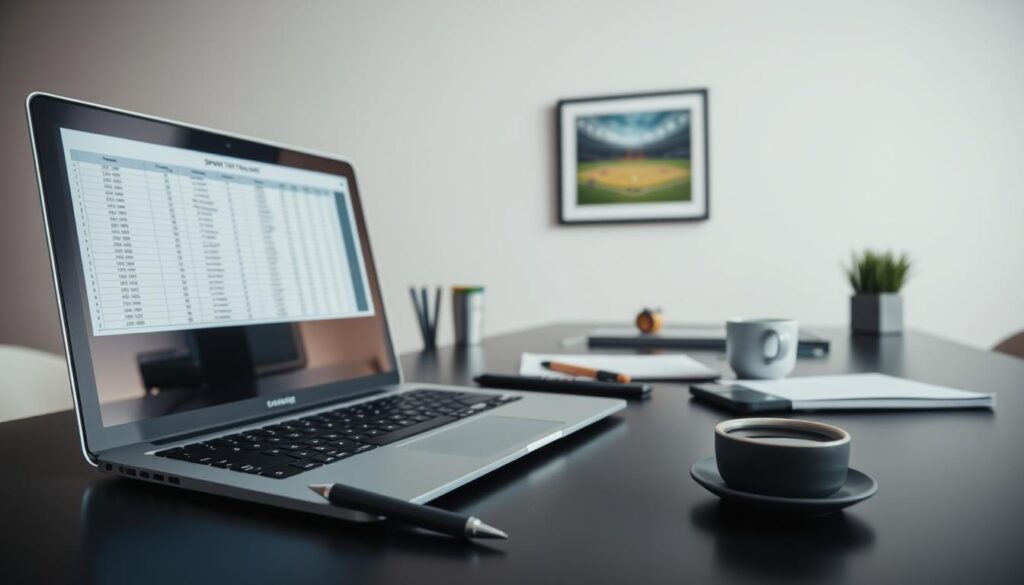 A well-organized workspace with a sleek, modern desk setup. The foreground features a laptop, a sports betting tracker spreadsheet displayed prominently on the screen, and a pen resting on the desk. In the middle ground, there are various office supplies like a notepad, a calculator, and a cup of coffee. The background showcases a minimalist wall decor with a framed sports-themed artwork. The lighting is soft and diffused, creating a calm and focused atmosphere. The camera angle is slightly elevated, giving a bird's-eye view of the setup.