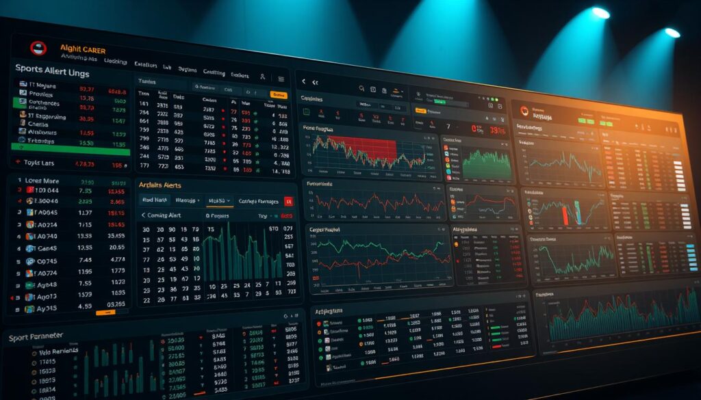An expansive dashboard displaying a myriad of real-time sports betting odds and arbitrage alerts. The foreground showcases a sleek, high-contrast interface with bold typography, highlighting key metrics and opportunities. The middle ground features detailed data visualizations, trend lines, and customizable parameters to fine-tune arbitrage strategies. The background subtly evokes a technological ambiance, with subtle gradients, metallic accents, and a sense of digital energy. Dramatic studio lighting casts dramatic shadows, emphasizing the gravity and precision of the system. A cinematic, high-resolution render using a wide-angle lens captures the comprehensive, immersive nature of this specialized arbitrage alert platform.