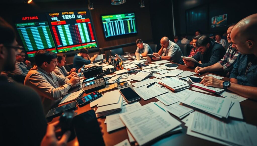 An indoor betting parlor with bettors intently studying odds and spreadsheets. The foreground features a cluttered table with smartphones, tablets, and betting slips, capturing the frenetic energy of sports arbitrage. The middle ground showcases a large display screen showing live game scores and odds, while the background depicts a dimly lit room with bettors huddled over their devices, immersed in the process of finding profitable opportunities. The lighting is warm and slightly muted, creating a sense of concentration and focus. The camera angle is slightly elevated, giving a bird's-eye view of the scene, emphasizing the strategic nature of the activity.