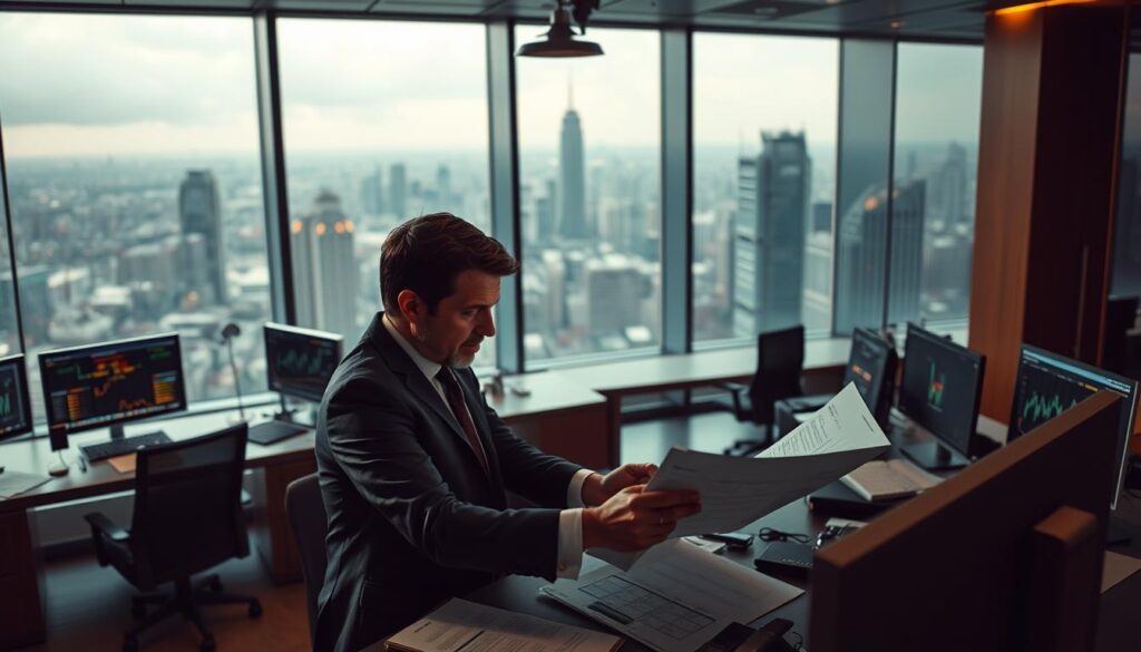 Arbitrage betting case studies: A dramatic, cinematic scene set in an elegant sports betting office. In the foreground, a businessman intently studies spreadsheets and charts, his expression one of focused intensity. The middle ground features sleek workstations and monitors displaying real-time odds, creating a sense of high-stakes analysis. The background showcases a panoramic view of a bustling city skyline, hinting at the global scale of the arbitrage opportunities. Warm, directional lighting casts dramatic shadows, heightening the air of strategic contemplation. The overall mood is one of calculated risk-taking and the thrill of financial advantage.