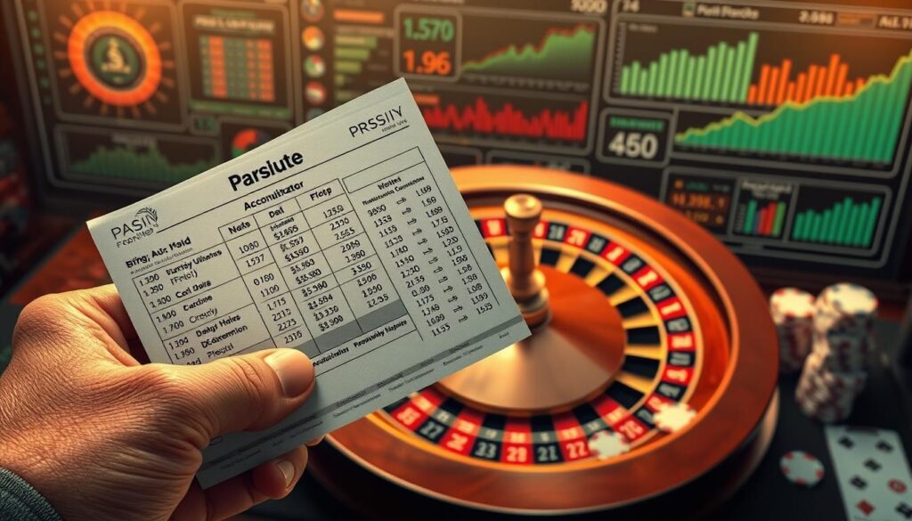 Detailed illustration depicting the strategic interplay between an accumulator betting system and casino profit optimization. In the foreground, a gambler's hand holding a betting slip showcasing a complex accumulator wager, with odds and potential payout prominently displayed. In the middle ground, a roulette wheel spins, surrounded by stacks of casino chips, symbolizing the high-stakes environment. The background features a sophisticated dashboard with financial metrics, graphs, and analytic tools, hinting at the data-driven approach required to master these advanced betting techniques. The scene is illuminated by a warm, focused lighting, creating an atmosphere of intense focus and calculated risk-taking. The overall mood conveys the delicate balance between risk and reward when leveraging accumulator bets and casino bonuses.