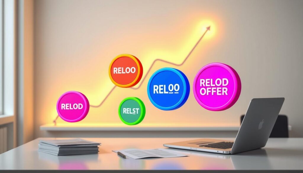 Vibrant reload offer icons floating in a serene, minimalist office setting. A stylized, crisp profit graph curves upwards in the background, casting a warm glow. Strategically placed financial documents and a modern laptop suggest a professional, yet dynamic atmosphere. Soft directional lighting highlights the reload offers, creating a sense of opportunity and potential. The overall composition conveys a mood of success, productivity, and the promise of increased earnings through optimized betting techniques.