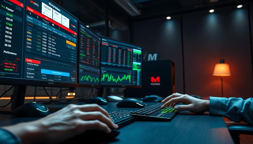 a highly detailed, photorealistic scene of a financial trading desk, with several digital displays showing various betting odds and market data. The foreground features a hands-on the desk, with multiple high-end gaming mice and keyboards, reflecting the active engagement of a punter or trader. The middle ground showcases an array of sleek, high-resolution monitors displaying real-time betting odds, odds comparisons, and performance analytics. The background is a dimly lit, modern office environment with subtle lighting, clean lines, and a sense of focus and intensity. The overall mood is one of analytical precision, competitive spirit, and the pursuit of optimal returns in the betting markets.
